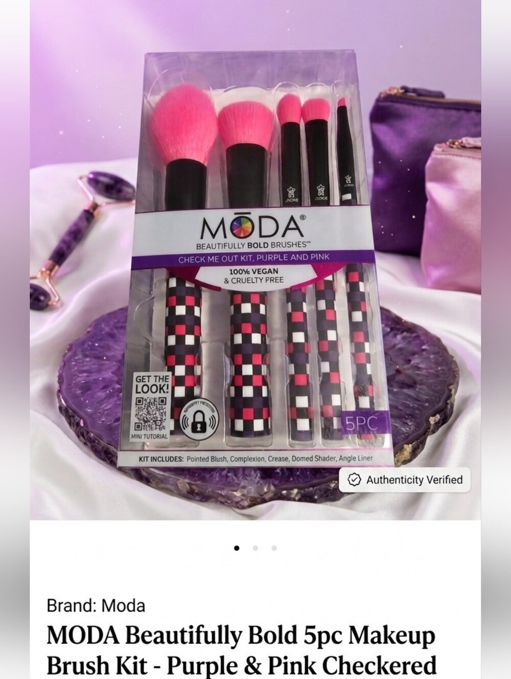 MODA Beautifully Bold 5pc Makeup Brush Kit - Purple & Pink Checkered